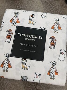Cynthia Rowley White Sheet Set with Orange & Black Dog Print new